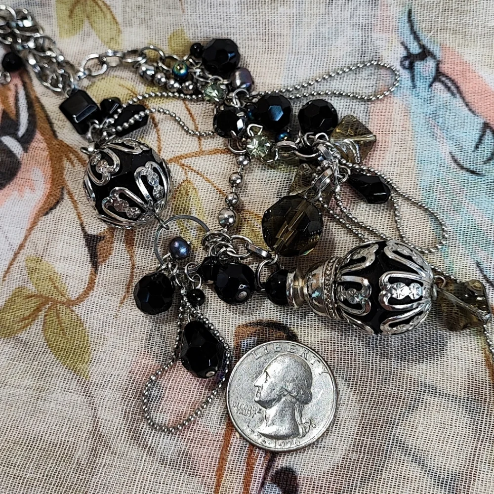 Silver Tone Ball Chain Asymmetrical Black Glass Oil Slick Big Bell Cap Necklace